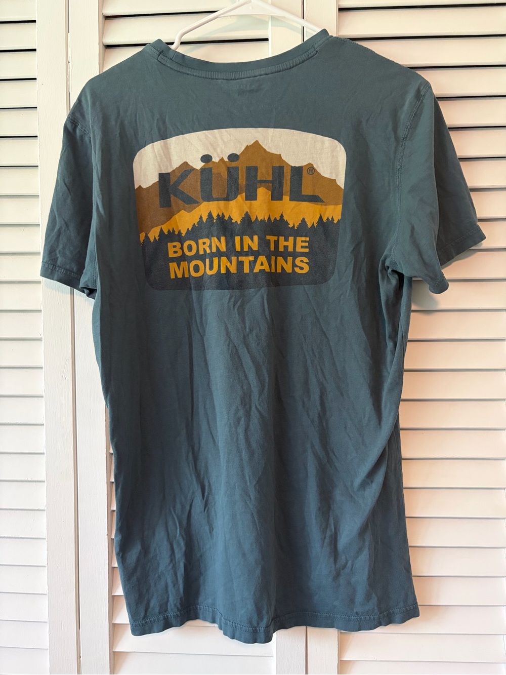 Kuhl Slate Blue Short Sleeve Tee with Yellow Mountain Graphic